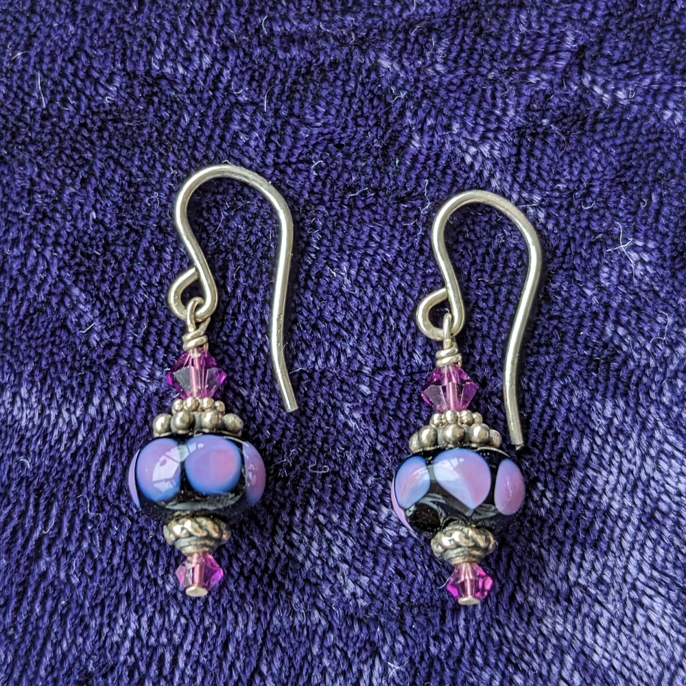 Vintage 925 Sterling Silver Drop Earrings With Purple Murano Glass